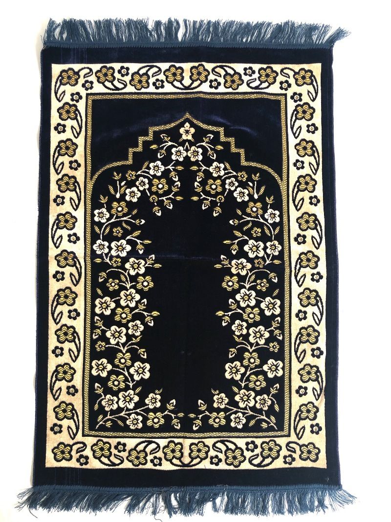Luxury Velvet Islamic Prayer Rug Navy Blue