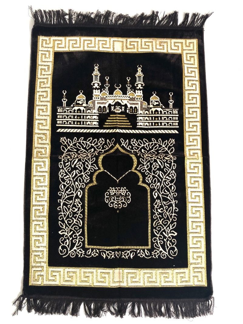 Luxury Velvet Islamic Prayer Rug Navy Blue