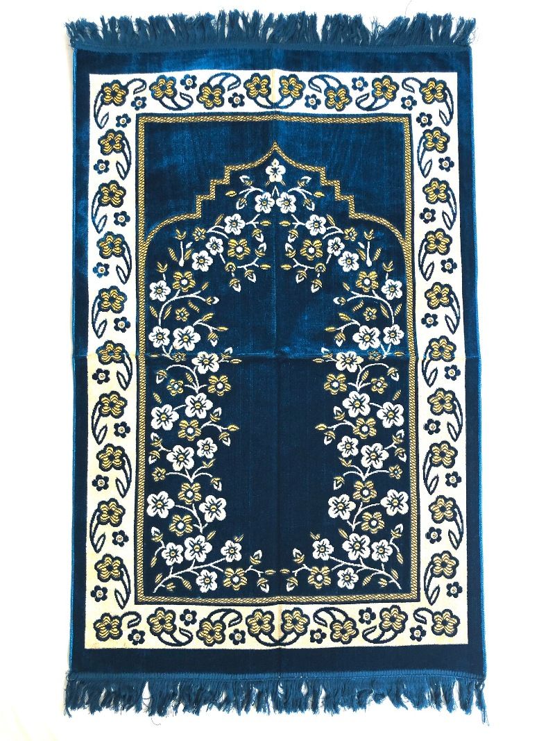 Luxury Velvet Islamic Prayer Rug Blue