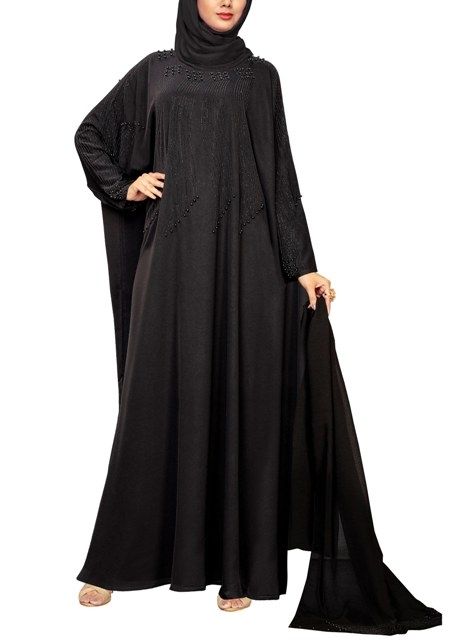 Black Abaya with Black Pearl Accents