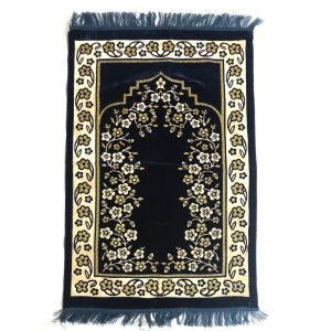 Luxury Velvet Islamic Prayer Rug Navy Blue