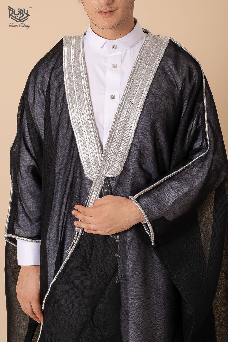 Regal Black Arabic Bisht with Intricate Silver Embroidery