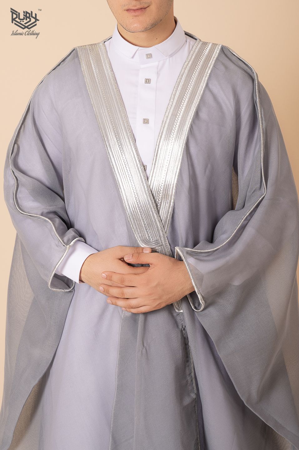 Elegant Grey Bisht with Silver Embroidery