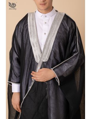 Regal Black Arabic Bisht with Intricate Silver Embroidery