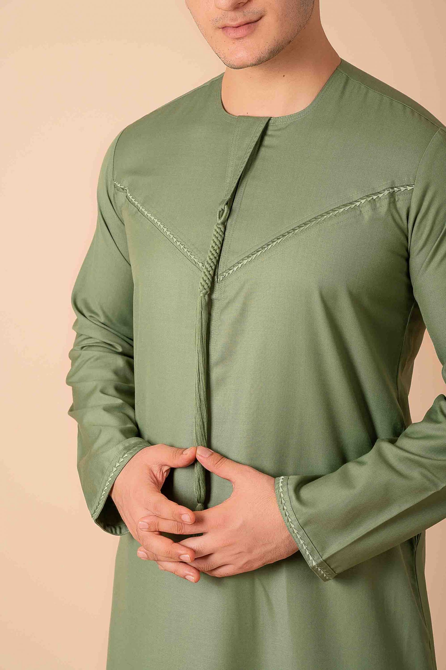Premium Sage Green Emirati Tassel Thobe for Men – Light Grey Braided Front Kandura Design - Image 8 - Ruby Online