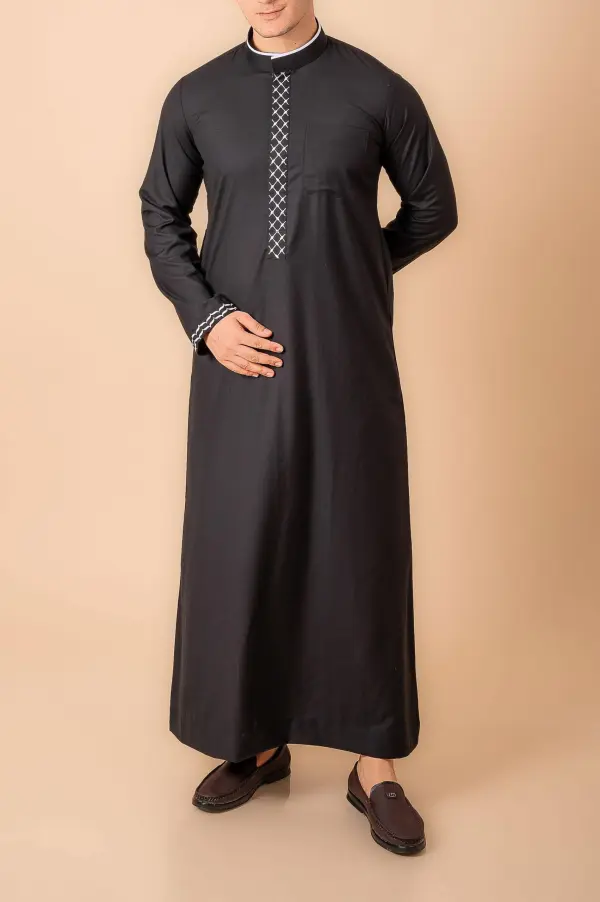 Jet Black Men’s Thobe with White Geometric Lattice Embroidered Placket & Cuff Borders - Image 2 - Ruby Online