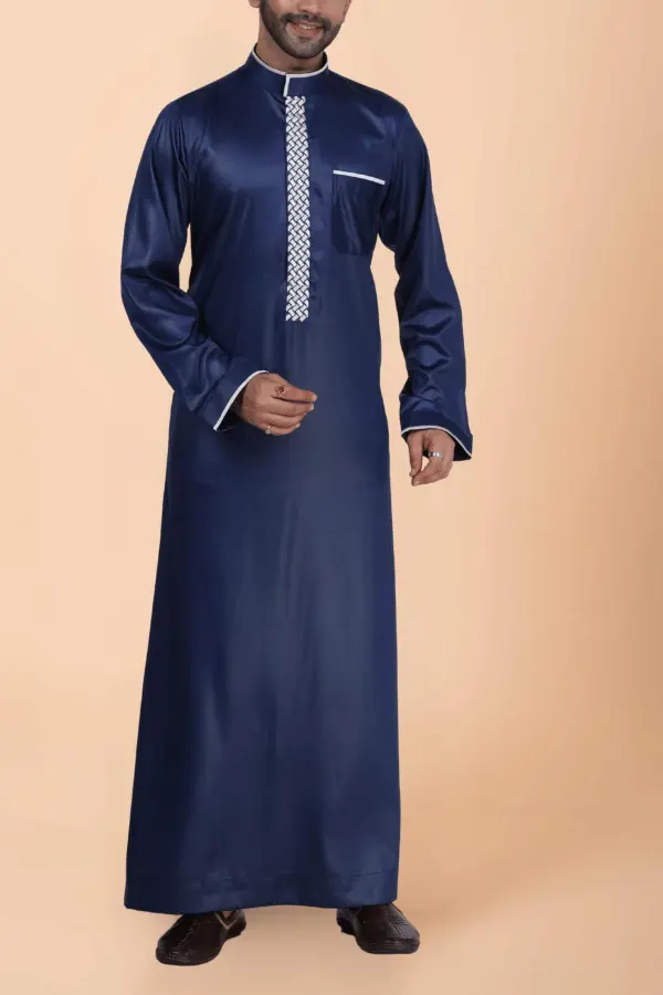 Navy Blue Thobe with White Geometric Embroidery Strip & Band Collar