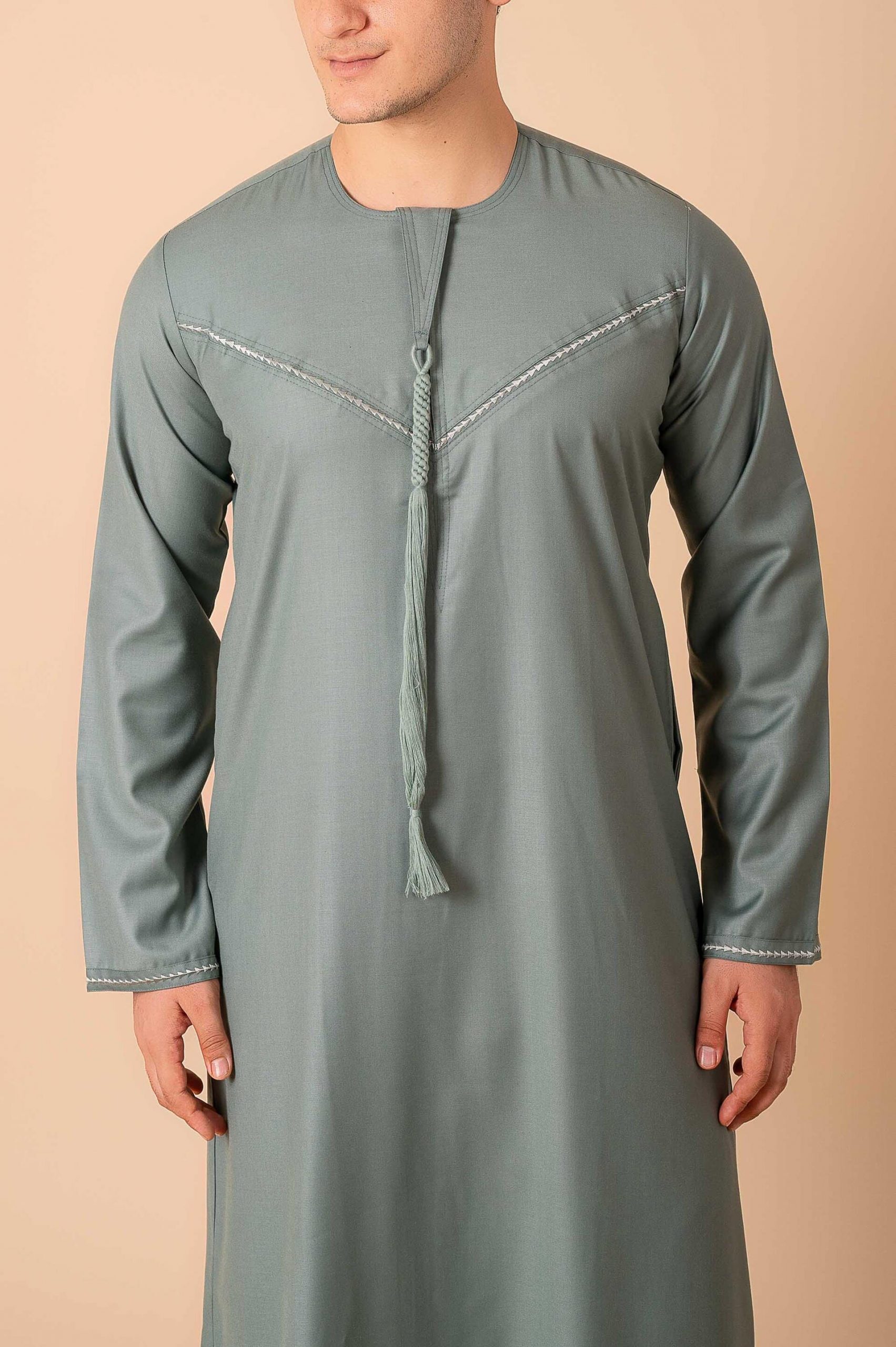 Premium Sage Green Emirati Tassel Thobe for Men with Silver Braided V-Panel – Modern Kandura Style - Image 9 - Ruby Online