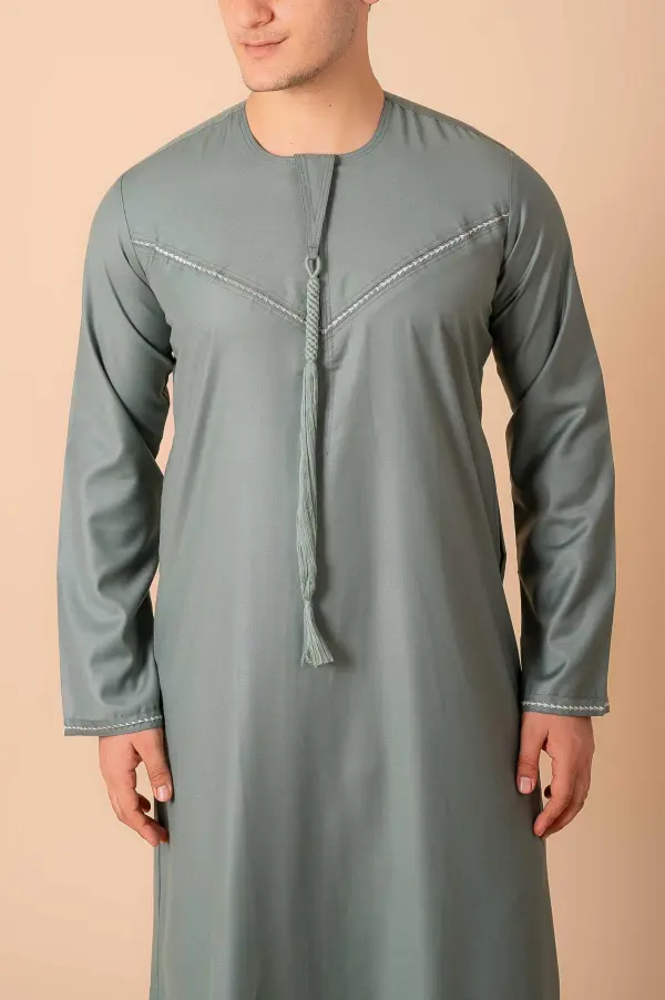Premium Sage Green Emirati Tassel Thobe for Men with Silver Braided V-Panel – Modern Kandura Style - Image 5 - Ruby Online