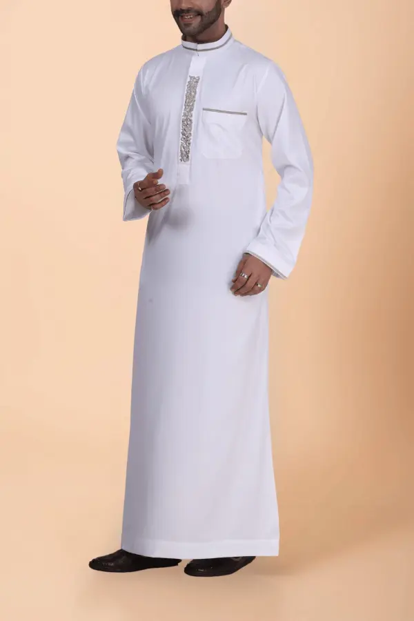 White Thobe with Beige Floral Embroidery Strip & Band Collar Design