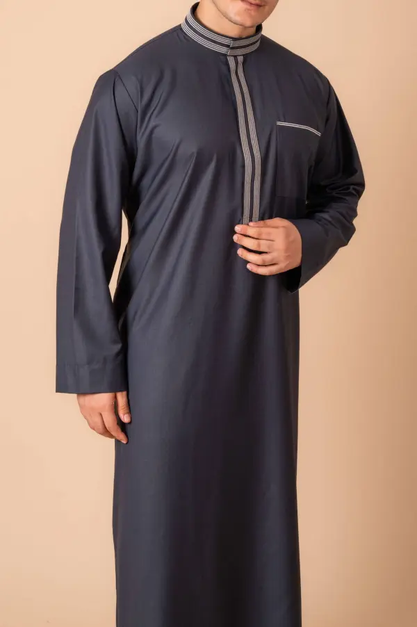 Premium Deep Charcoal Grey Emirati Designer Thobe with Striped Embroidered Placket - Image 3 - Ruby Online