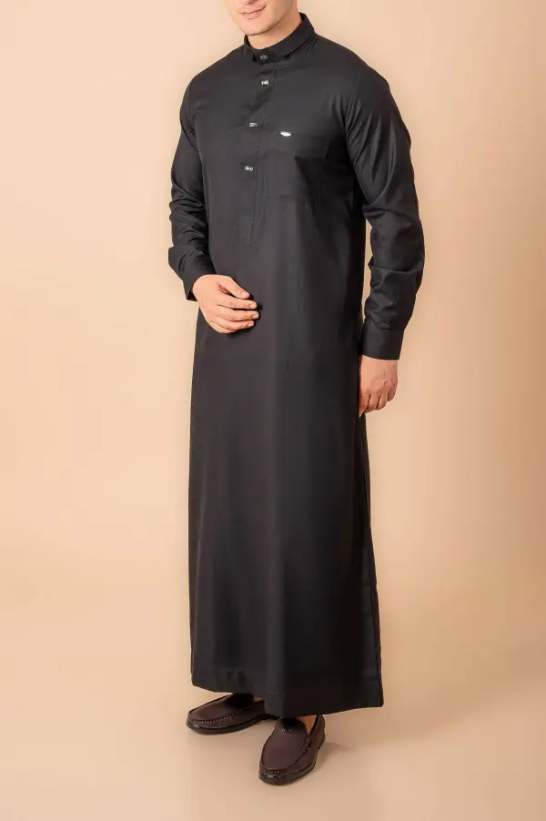 Luxury Deep Black Designer Thobe for Men with Gunmetal Button Placket & Modern Band Collar - Image 3 - Ruby Online