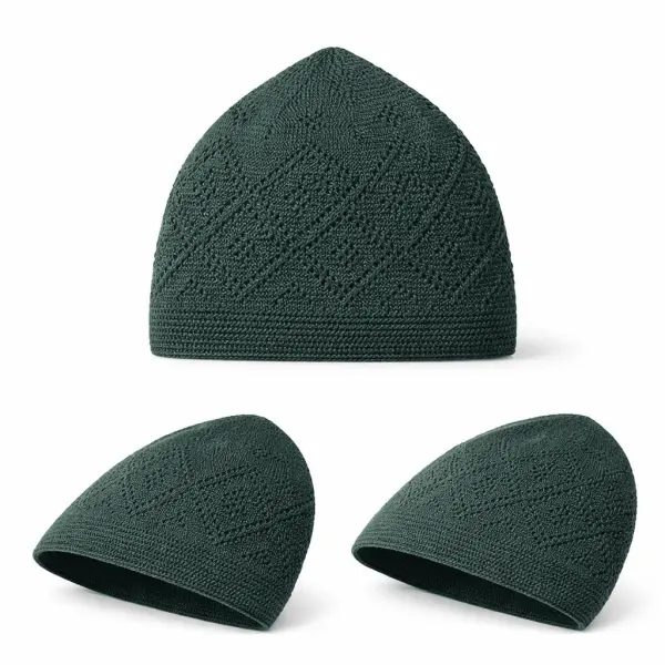 Premium Dark Green Knitted Kufi Prayer Cap for Men – Breathable Geometric Openwork Islamic Skull Cap - Image 2 - Ruby Online