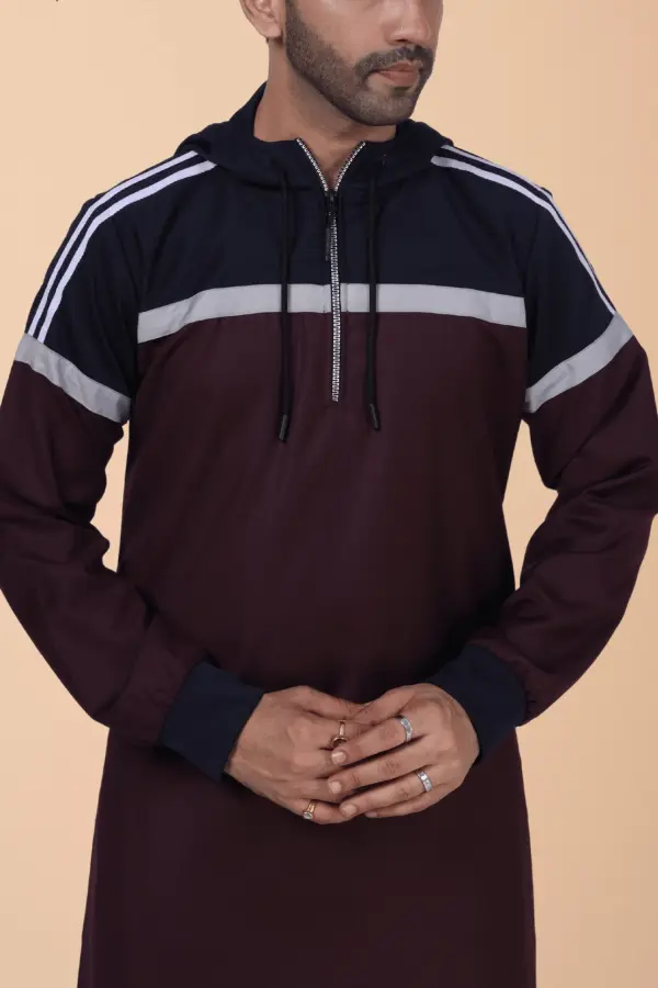 Men’s Maroon Hooded Thobe with Navy Panel & Grey Stripe Design - Image 7 - Ruby Online
