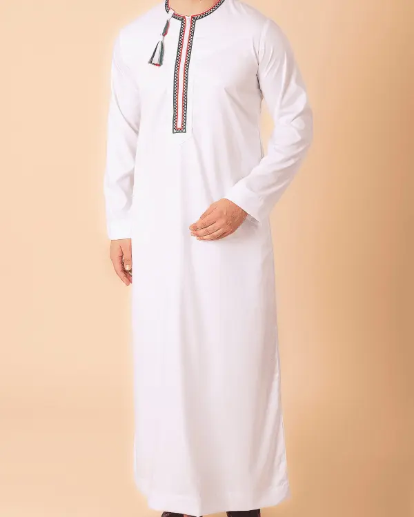 White Omani Thobe with Tricolor Embroidered Placket & Tassel - Image 2 - Ruby Online