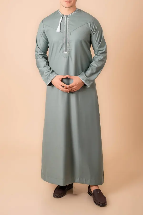 Sage Green Omani Thobe with Beige Geometric Embroidery & Tassel - Image 2 - Ruby Online