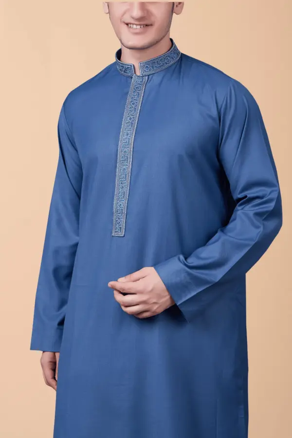 Steel Blue Emirati Thobe with Silver Geometric Embroidered Collar & Placket - Image 3 - Ruby Online