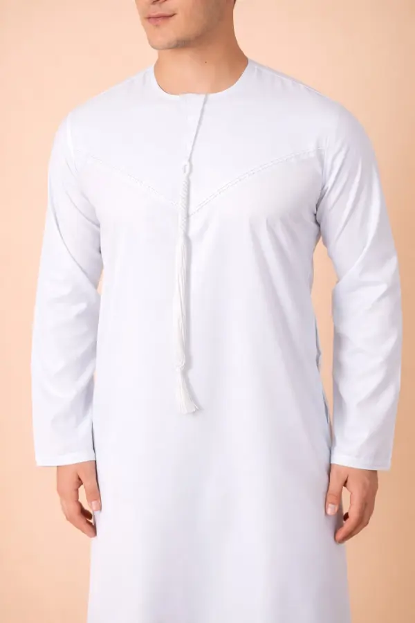 Premium Pure White Emirati Tassel Thobe with Tonal Embroidered Detailing - Image 4 - Ruby Online