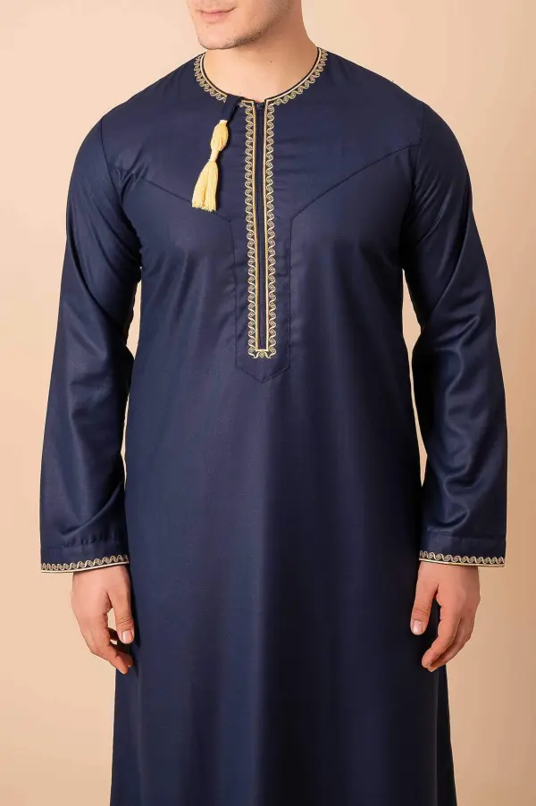 Navy Blue Omani Thobe with Gold Geometric Embroidery & Tassel - Image 5 - Ruby Online