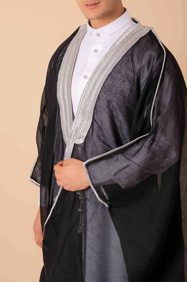 Royal Prestige Black Arabic Bisht for Men with Intricate Silver Zari Border – Premium Lightweight Open-Front Luxury Cloak - Image 2 - Ruby Online