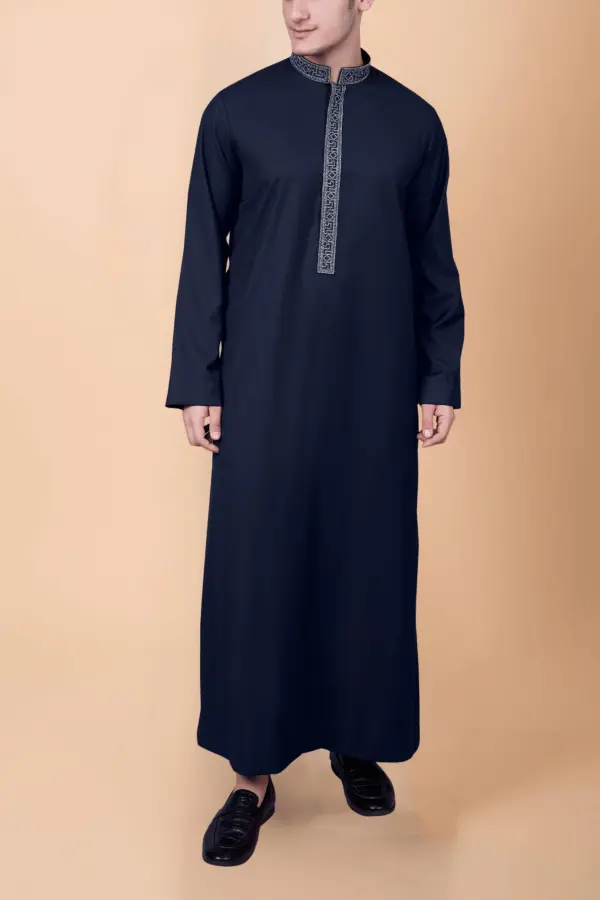 Navy Blue Men’s Thobe with Silver Geometric Embroidery Strip - Image 2 - Ruby Online