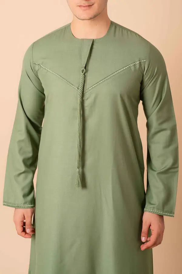 Premium Sage Green Emirati Tassel Thobe for Men – Light Grey Braided Front Kandura Design - Image 5 - Ruby Online