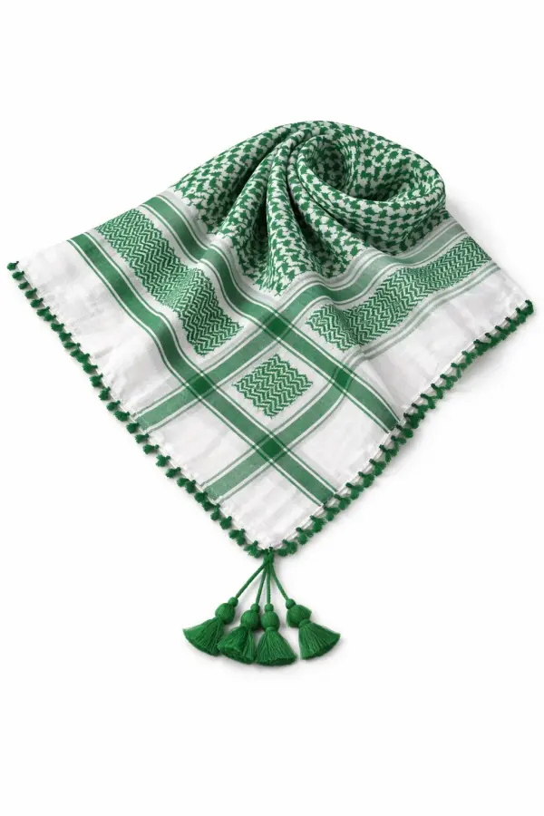 Premium Green & White Traditional Shemagh Scarf with Tassel Fringe - Image 2 - Ruby Online