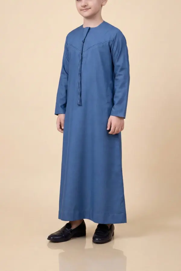 Premium Denim Blue Emirati Kids Thobe with V-Stitch Panel & Tassel Detail - Image 3 - Ruby Online