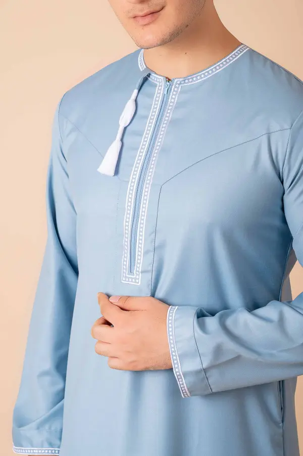 Light Sky Blue Omani Thobe with White Loop Embroidery & Tassel - Image 5 - Ruby Online
