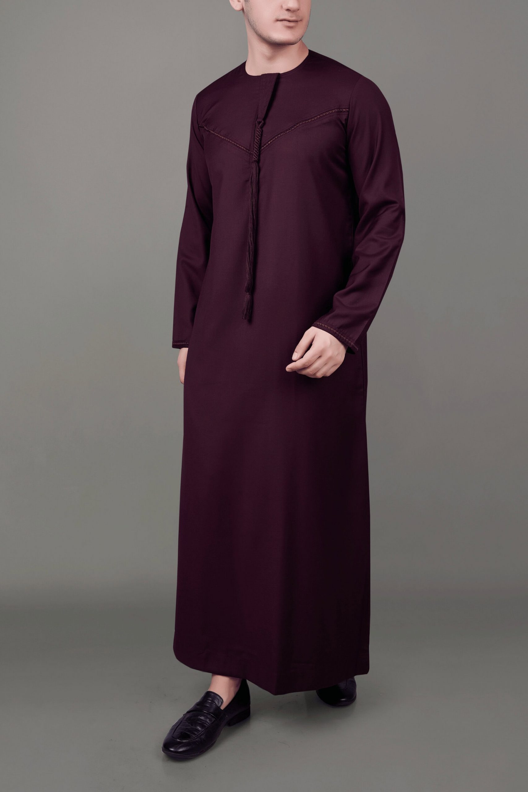 Premium Emirati Maroon Tassel Thobe with Signature Chest Embroidery - Image 2 - Ruby Online