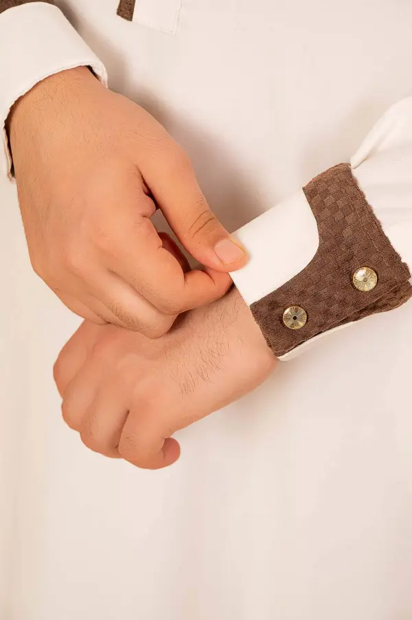 Men’s White Designer Thobe with Brown Contrast Piping – Premium Saudi Collar Kandura - Image 6 - Ruby Online
