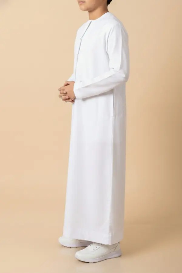 Premium Pure White Emirati Kids Thobe with Elegant V-Stitch & Tassel - Image 3 - Ruby Online