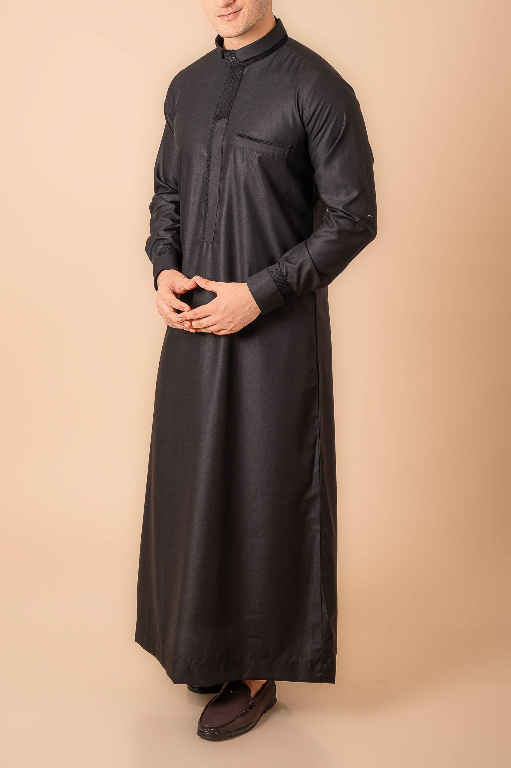 Premium Jet Black Designer Thobe for Men with Textured Trim Placket & Modern Band Collar - Image 7 - Ruby Online