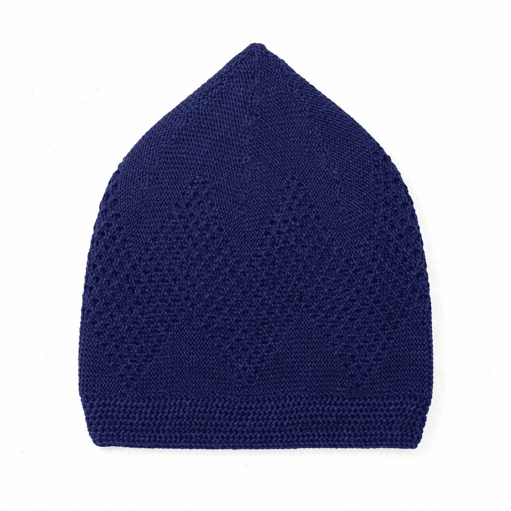 Premium Navy Blue Knitted Islamic Kufi Prayer Cap – Breathable Diamond Pattern Skull Cap for Men - Image 3 - Ruby Online