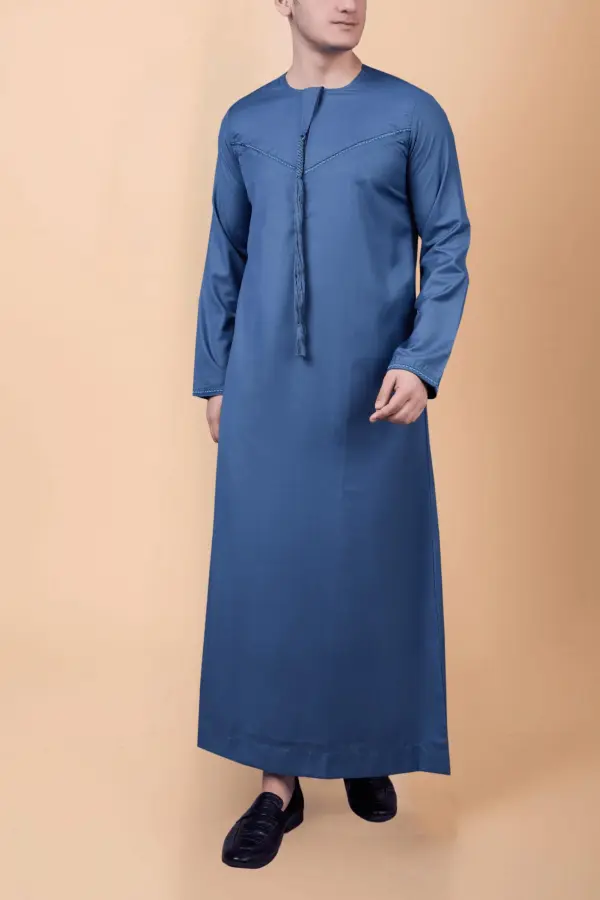 Steel Blue Emirati Thobe with Tassel & Subtle Chest Embroidery