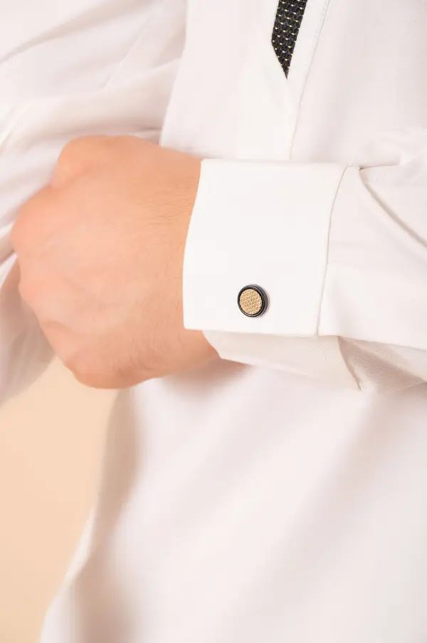 Luxury White Designer Thobe with Black Contrast Trim & Gold Detail - Image 5 - Ruby Online