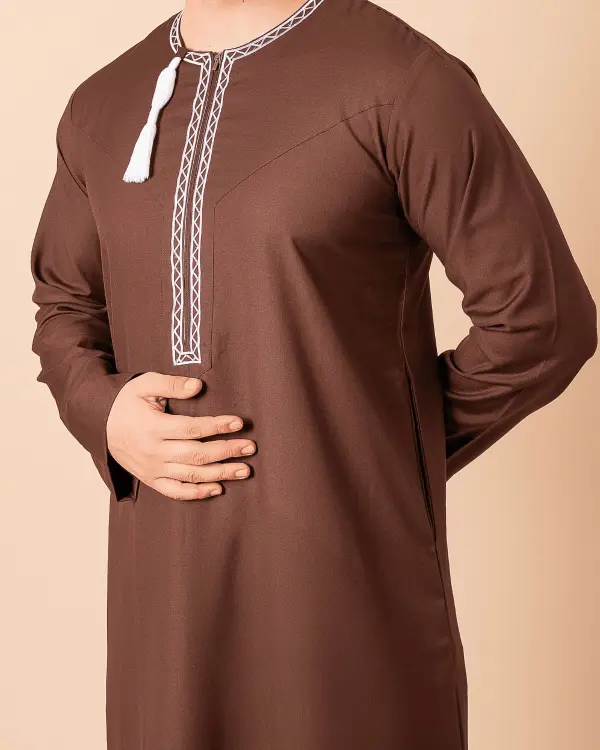 Coffee Brown Omani Thobe with White Geometric Embroidery & Tassel - Image 2 - Ruby Online