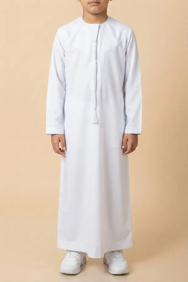 Premium Pure White Emirati Kids Thobe with Elegant V-Stitch & Tassel