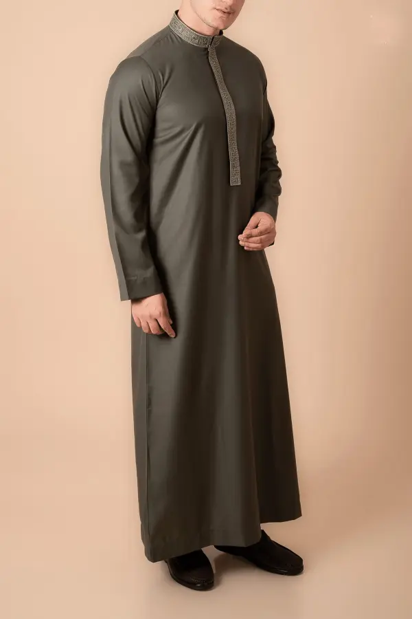 Premium Deep Olive Emirati Thobe with Gold Geometric Embroidered Collar & Placket - Image 3 - Ruby Online