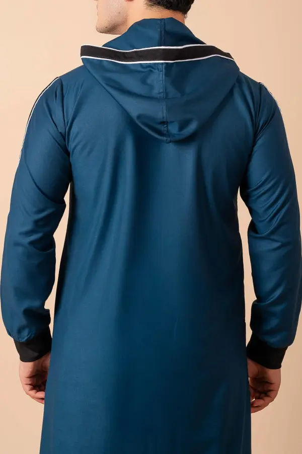 Men’s Teal Blue Hooded Thobe with Black Panel & White Stripe Accents - Image 4 - Ruby Online