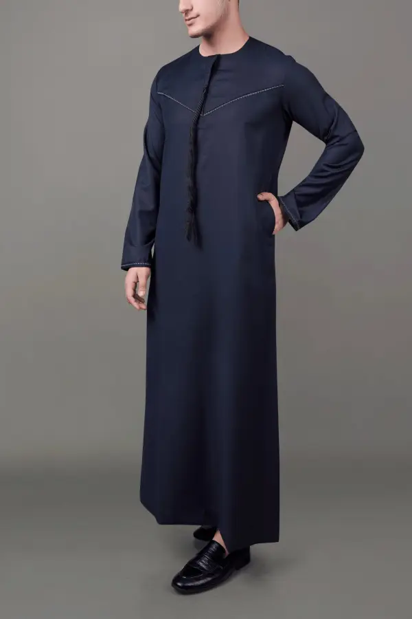 Premium Deep Dark Grey Emirati Tassel Thobe with Black Contrast Embroidery - Image 3 - Ruby Online