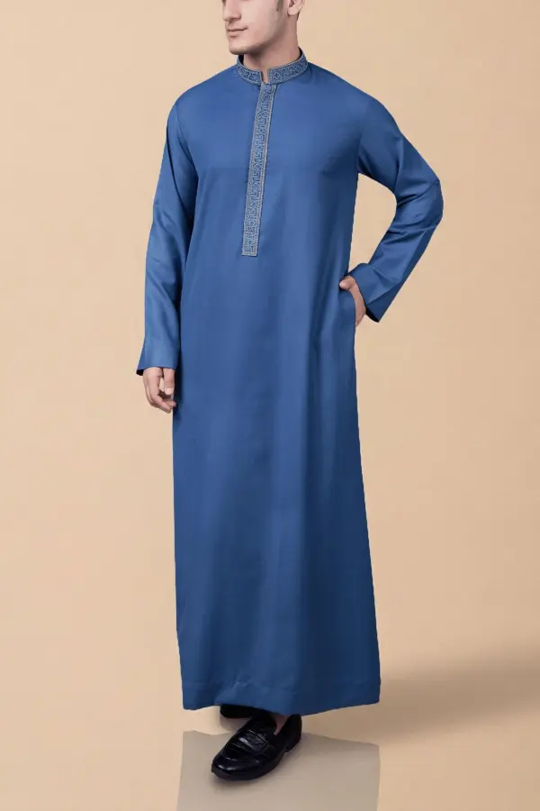 Steel Blue Emirati Thobe with Silver Geometric Embroidered Collar & Placket - Image 2 - Ruby Online