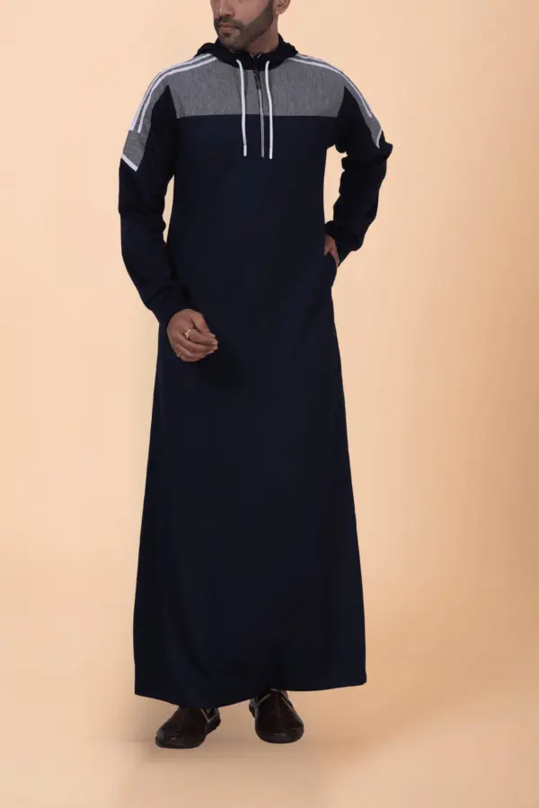 Men’s Maroon Hooded Thobe with Navy Panel & Grey Stripe Design - Image 6 - Ruby Online