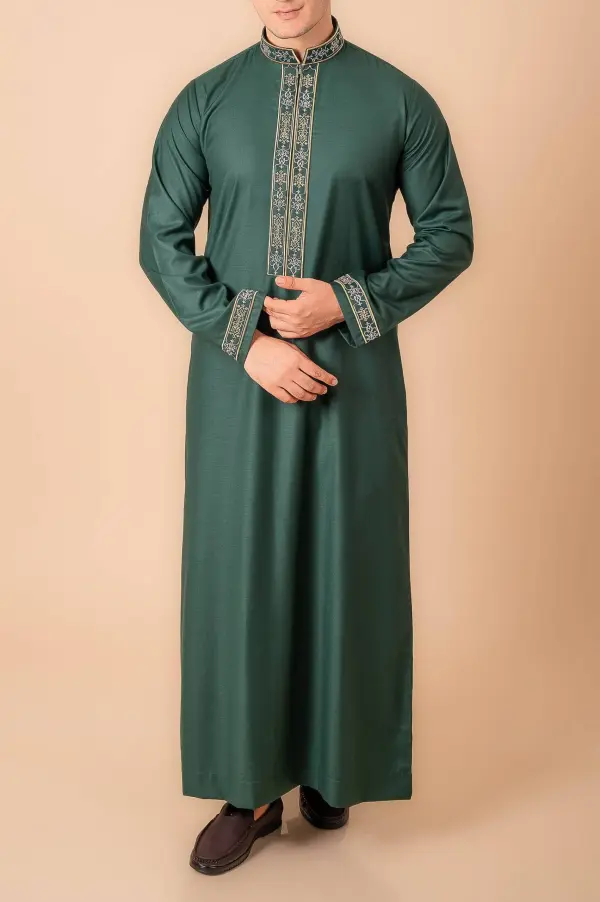 Emerald Green Men’s Thobe with Gold Floral Embroidery Placket & Cuff Borders - Image 2 - Ruby Online