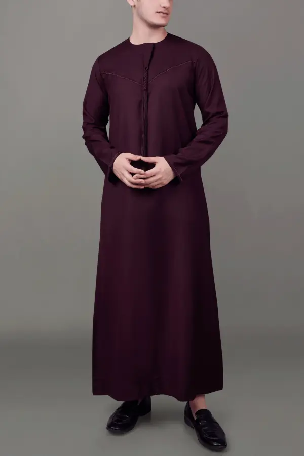 Premium Emirati Maroon Tassel Thobe with Signature Chest Embroidery - Image 3 - Ruby Online