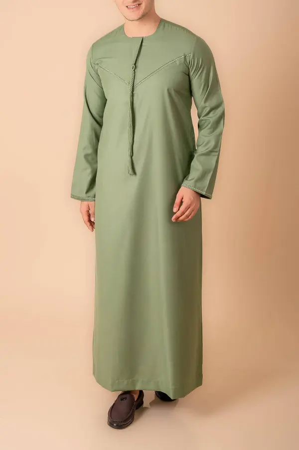 Premium Sage Green Emirati Tassel Thobe for Men – Light Grey Braided Front Kandura Design