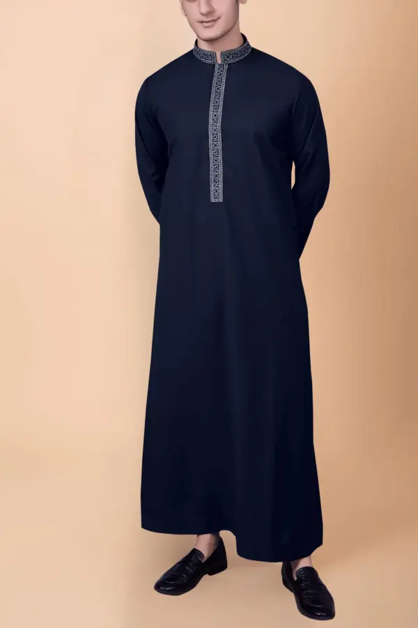 Navy Blue Men’s Thobe with Silver Geometric Embroidery Strip