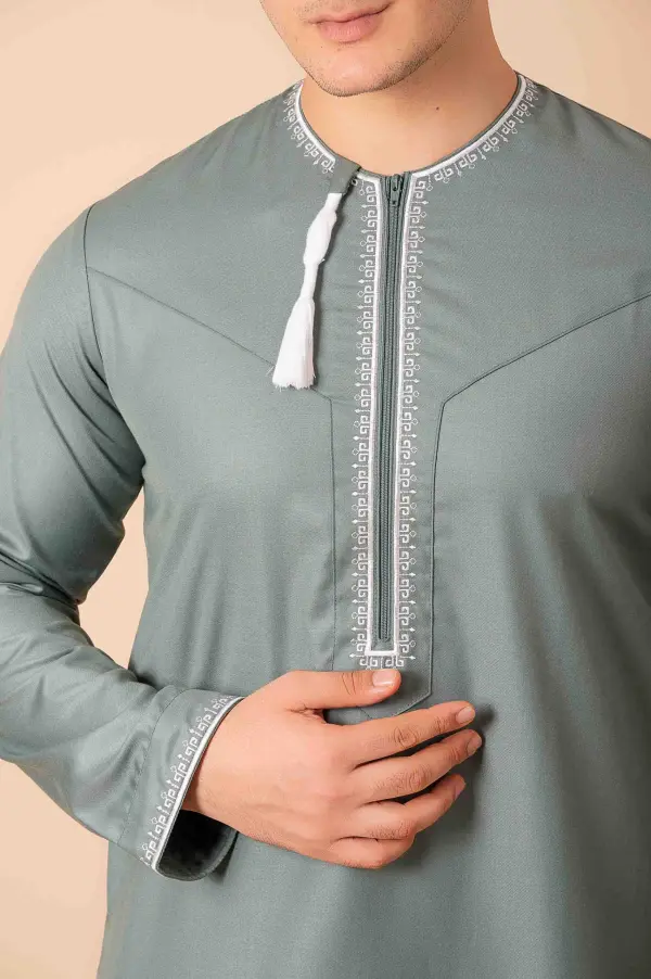 Sage Green Omani Thobe with Beige Geometric Embroidery & Tassel - Image 4 - Ruby Online