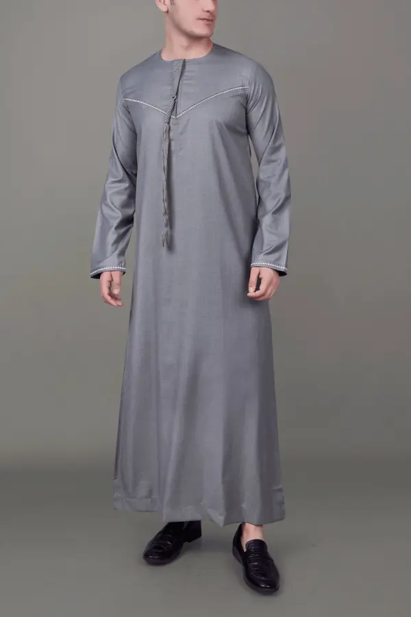 Premium Steel Grey Emirati Tassel Thobe with Silver Embroidered Detailing