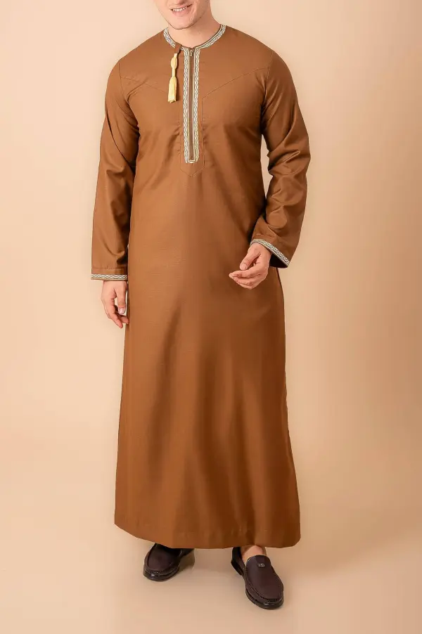 Coffee Brown Omani Thobe with Beige Geometric Embroidery & Tassel - Image 2 - Ruby Online